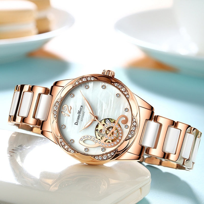 Ladies Automatic Watch Wine Red – Skeleton Design Luxury Wristwatch