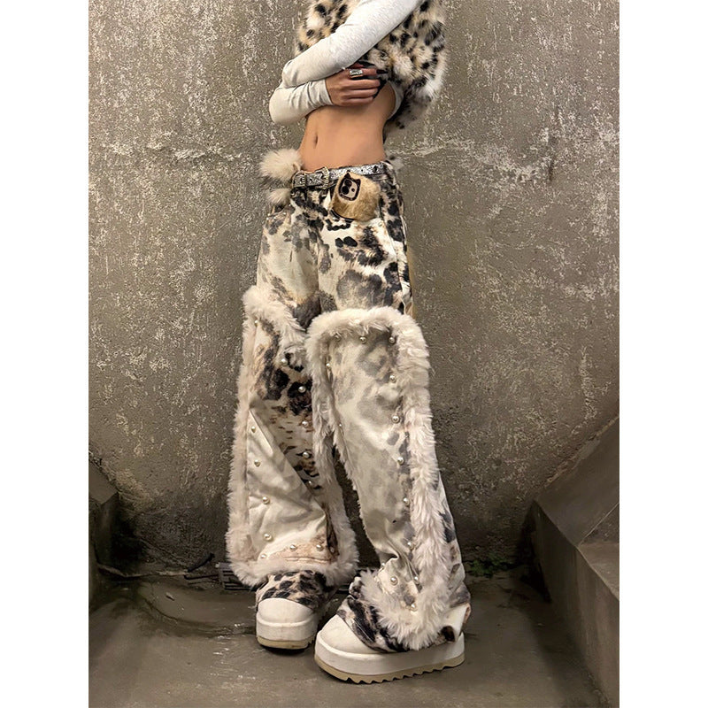 Women's Retro Leopard Print Jeans – Plush Patchwork Denim