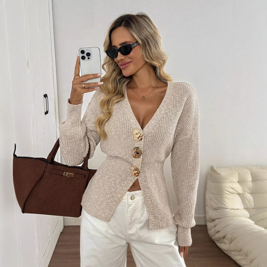 Elegante V-Ausschnitt Strickjacke – Knopfleiste Damen Cardigan