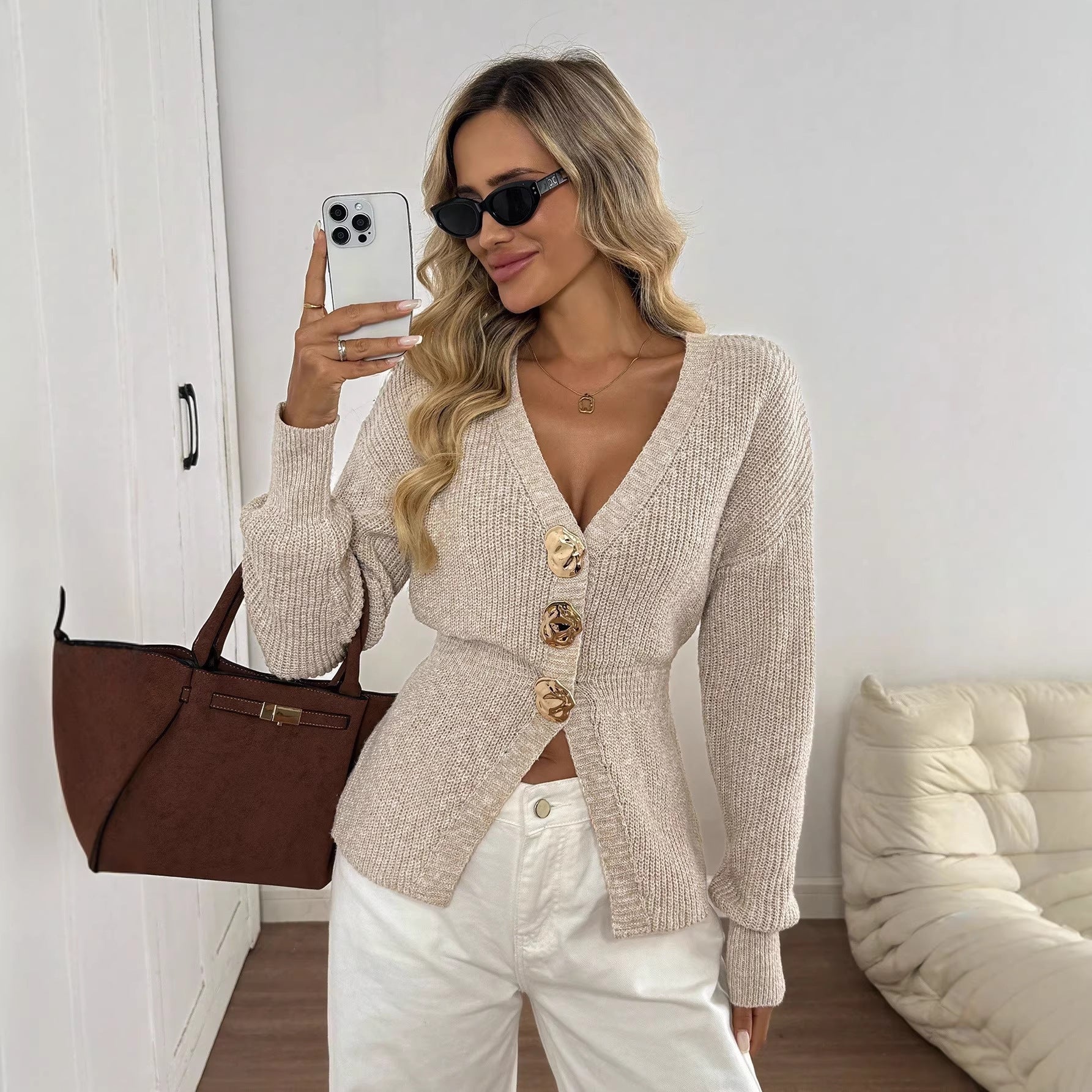 Elegante V-Ausschnitt Strickjacke – Knopfleiste Damen Cardigan