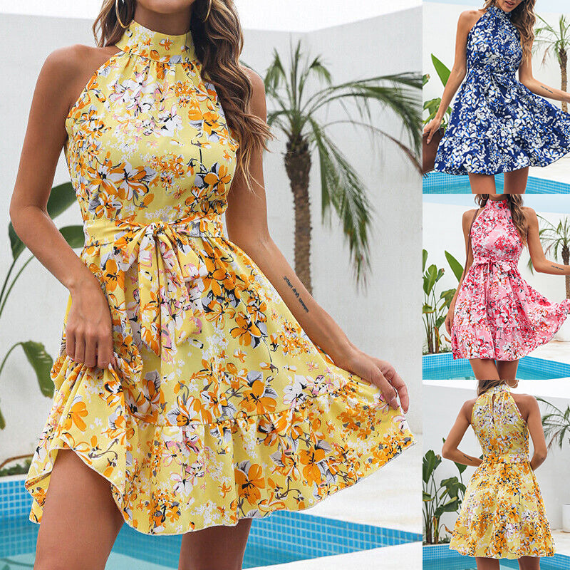 Floral Halterneck Summer Dress – Elegant Ruffled Dress with Lacing
