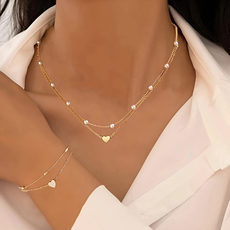 Romantic Pearl Jewelry Set with Heart Design – Double-Layer Necklace & Bracelet