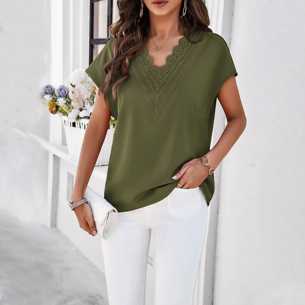 Damen V-Ausschnitt Shirt Sommer | Kurzarm Basic Bluse Elegant