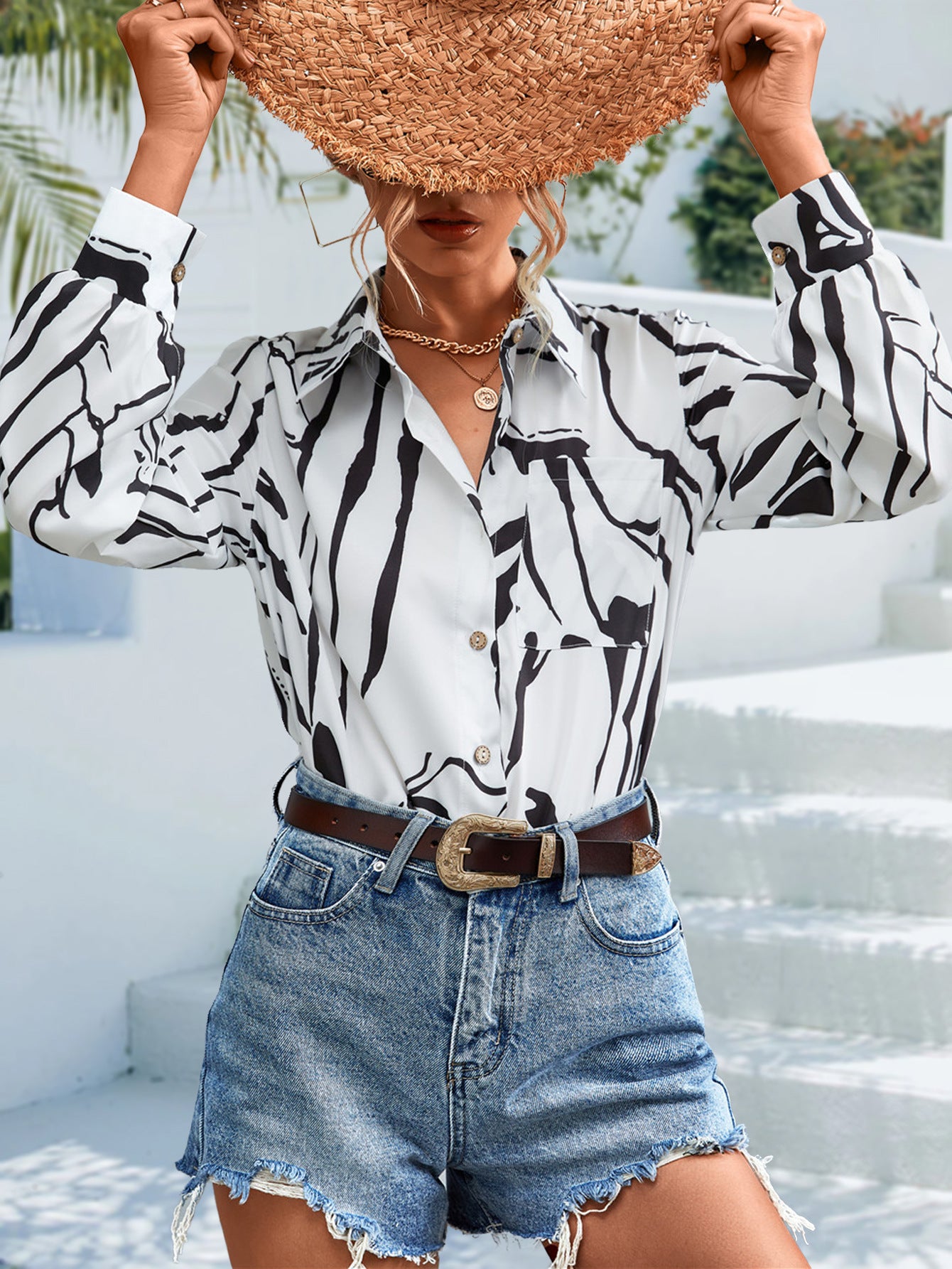 Retro Damenbluse Langarm | Elegante Bluse mit Print