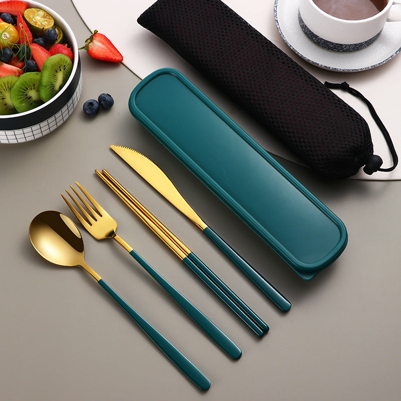 Edelstahl Besteckset Gold | Reise Camping Besteck mit Etui