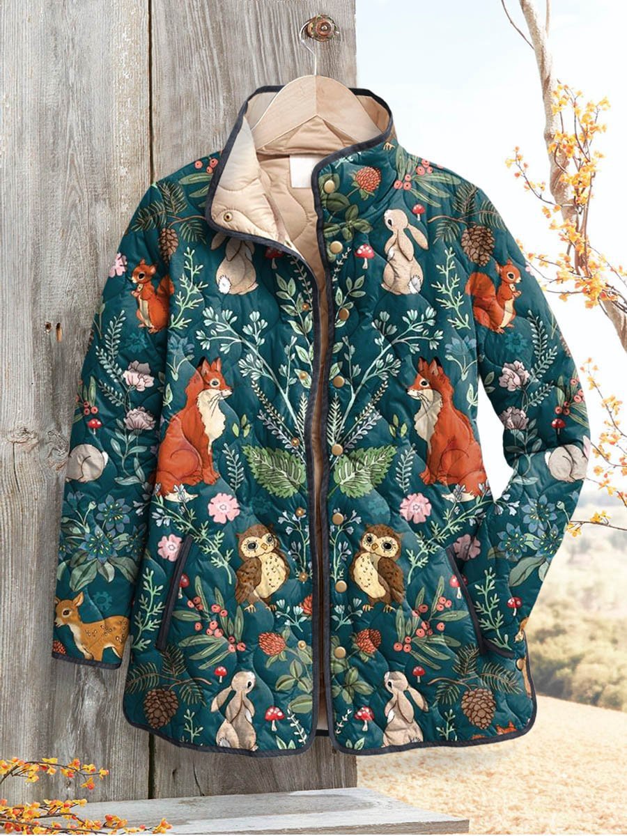 Women's Quilted Jacket with Floral Print – Lined, Pleated & Trendy Look