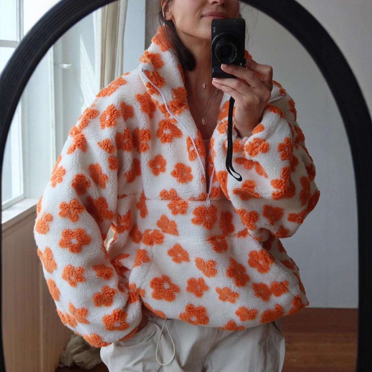 Women's Floral Fleece Pullover | Warm Oversized Look