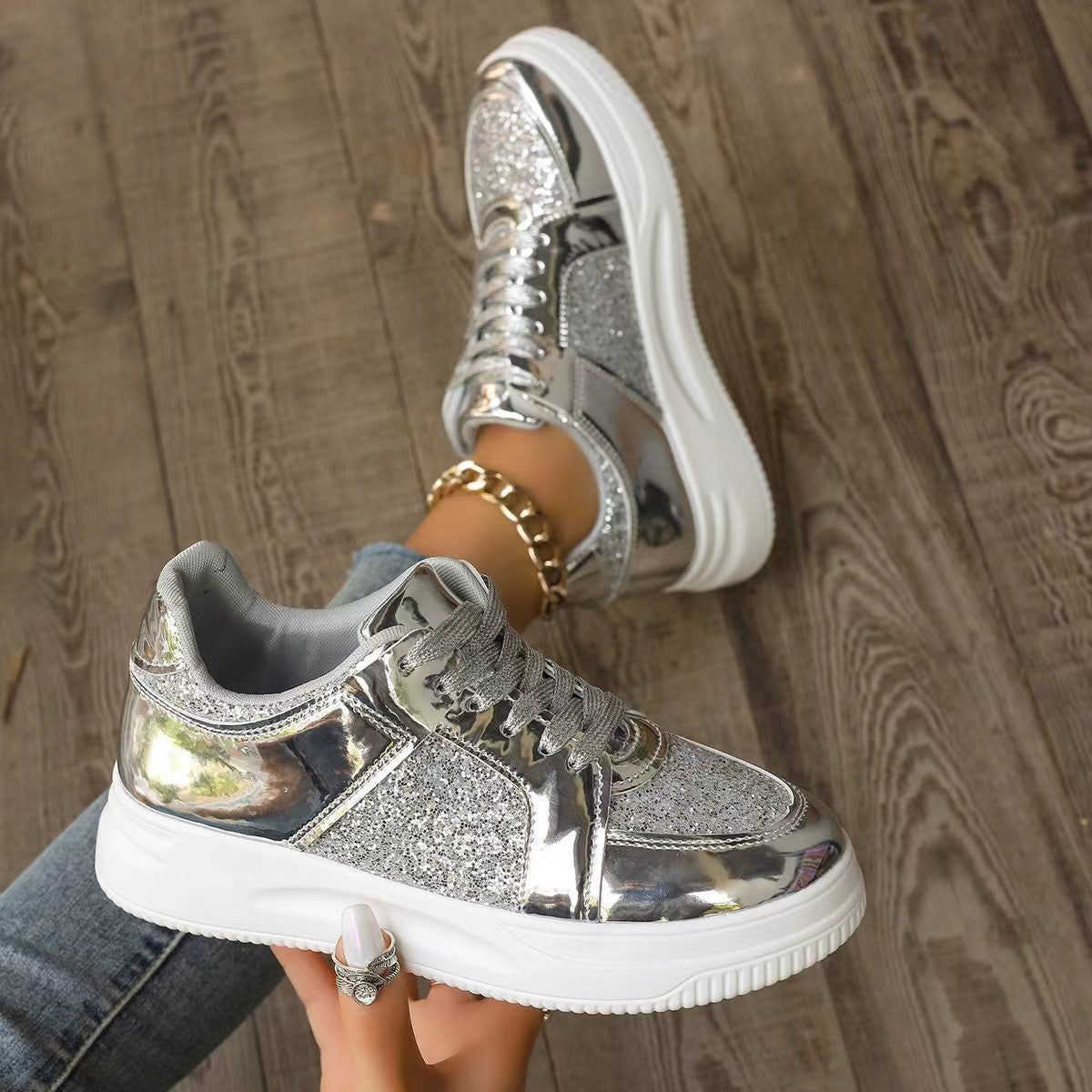 Damen Plateau Sneaker mit Pailletten – Rutschfeste Fashion Schuhe