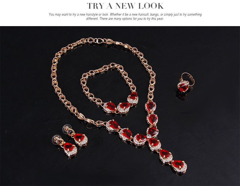 Luxurious Jewelry Set with Red Gemstones – Necklace, Earrings, Bracelet & Ring