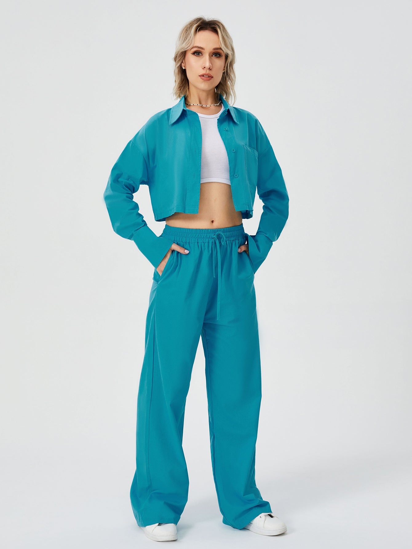 Women's Two-Piece Loungewear Set – Long-Sleeve Shirt & Wide-Leg Pants