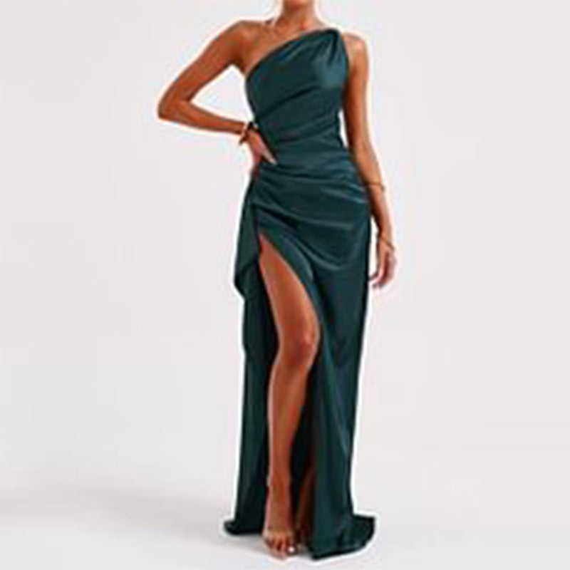 Elegant One-Shoulder Satin Maxi Dress – Backless with Slit