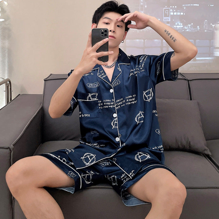 Herren Eis Seide Pyjama | Sommer Schlafanzug Leicht | Set