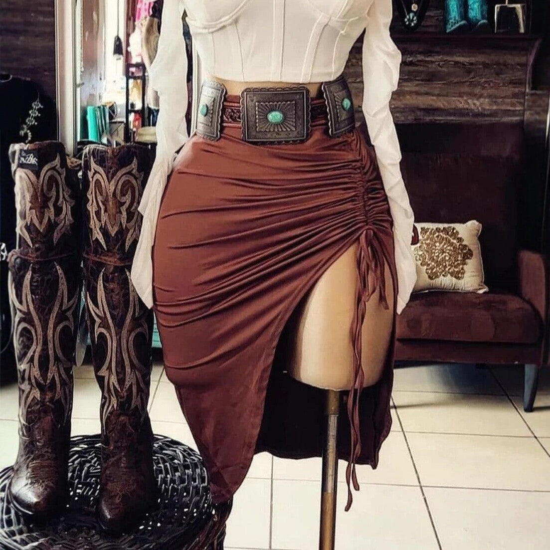 High-Waist Plisseerock mit Schlitz – Figurformender Damen Rock mit Bindeband