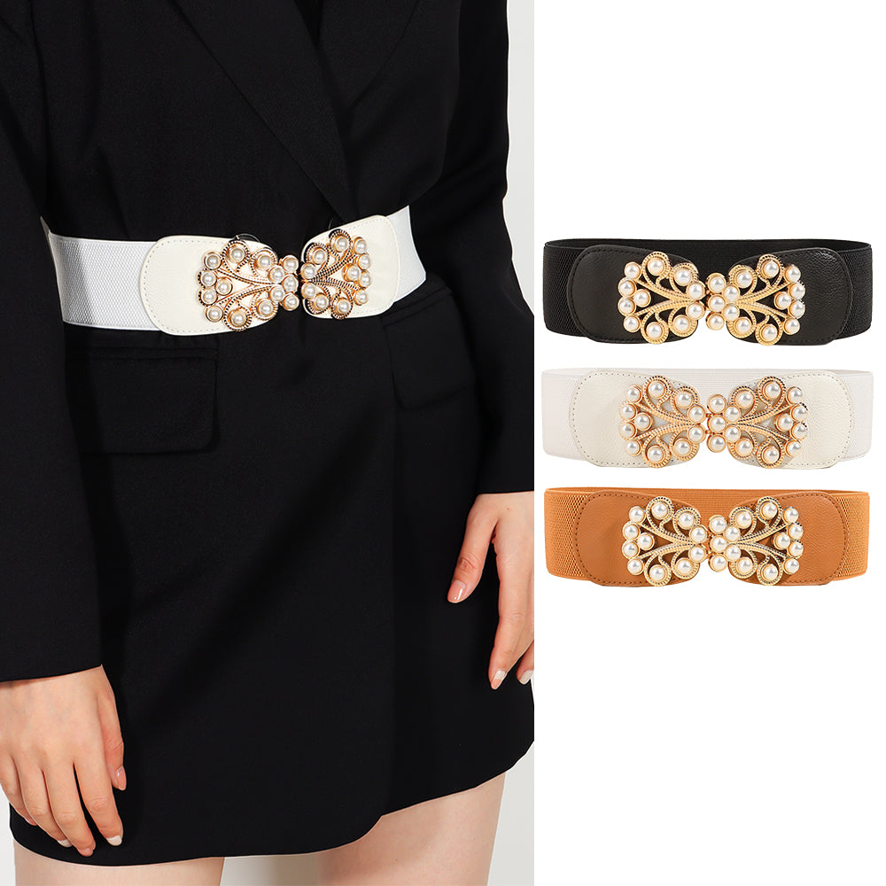 Women's Stretch Belt Wide | Elastic Pearl Buckle Elegant