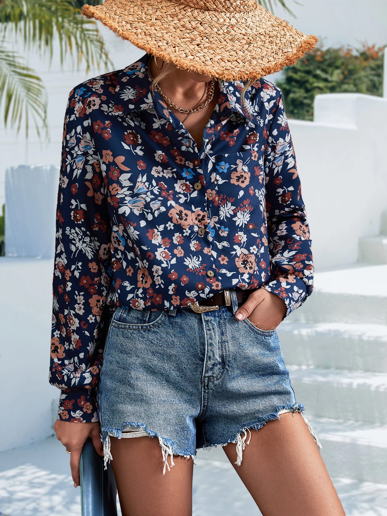Retro Damenbluse Langarm | Elegante Bluse mit Print