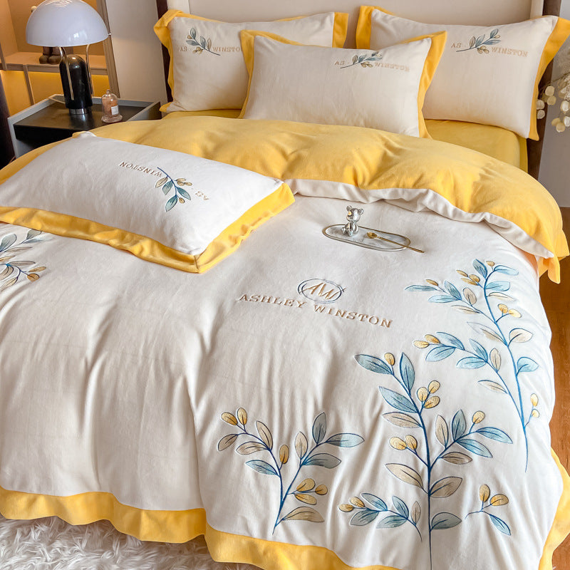 Milk Velour Bedding Set 4-Piece | soft warm elegant embroidery