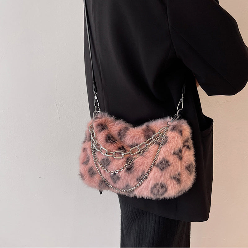Plush Shoulder Bag Women Winter Floral Handbag Elegant