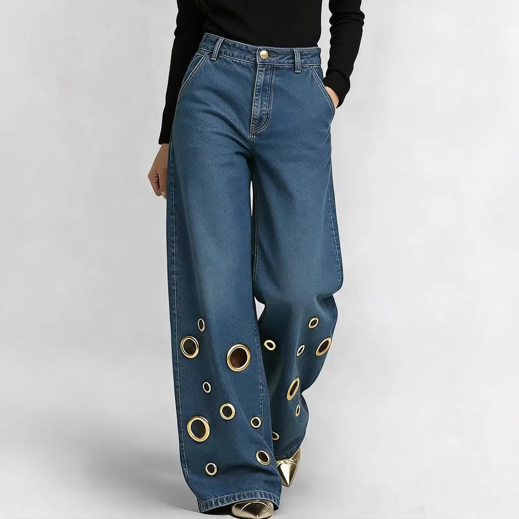 Women's High Waisted Loose Fit Jeans with Cut-Outs & Metal Eyelets