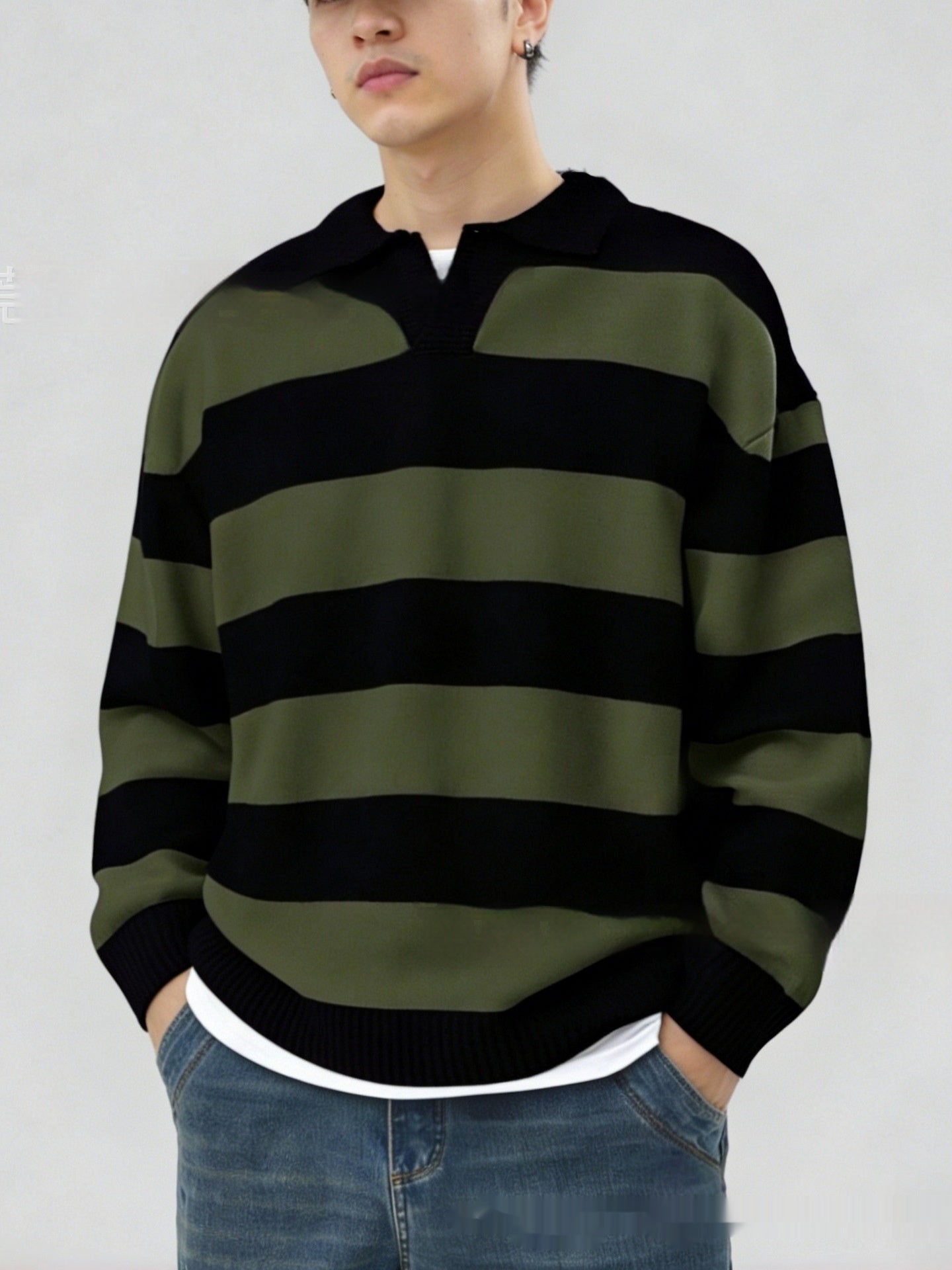 Herren V-Ausschnitt Pullover – Gestreifter Strickpullover Casual