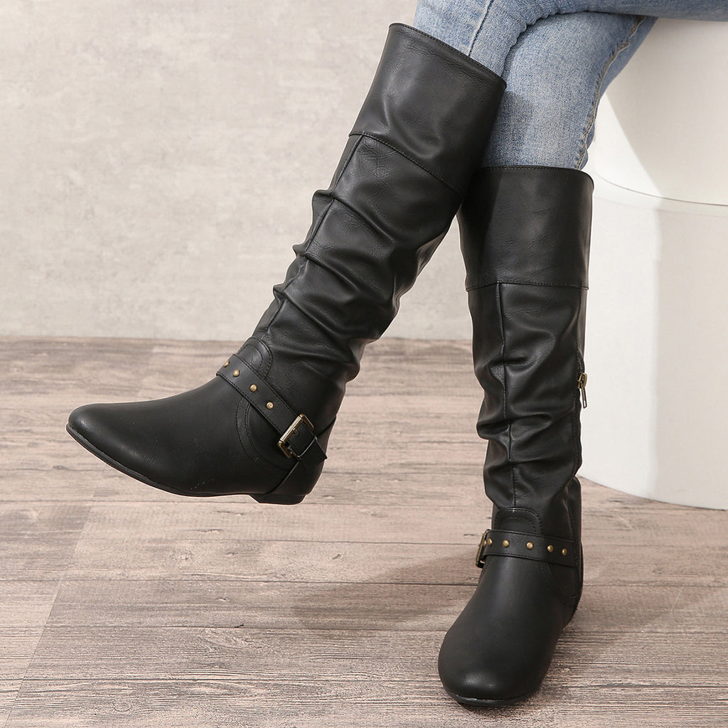 Women's Retro Leather Boots – Round Toe with Buckle Straps