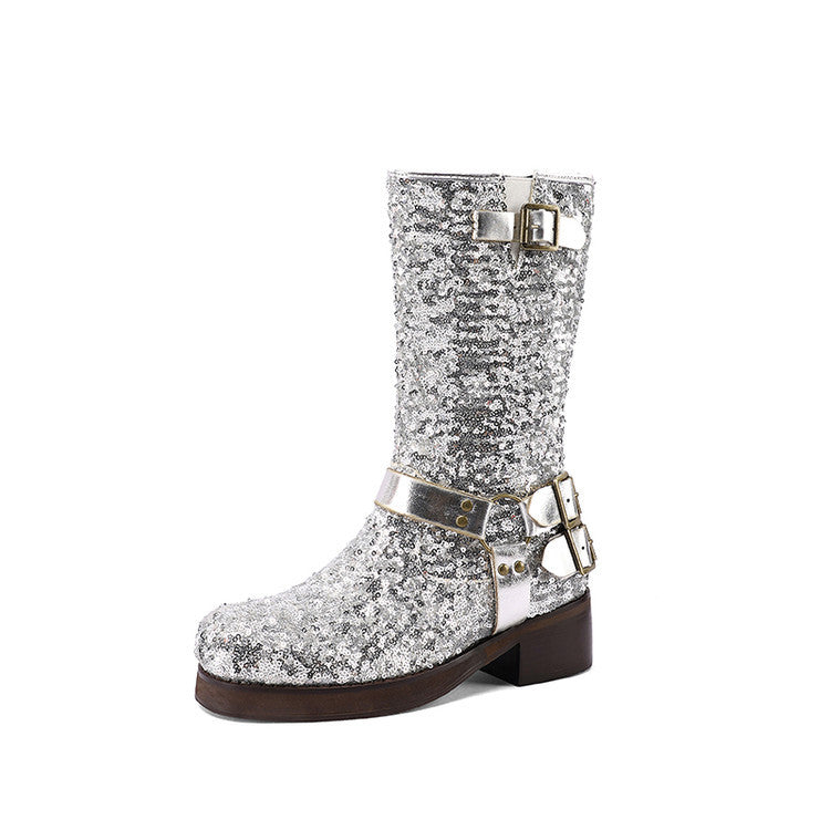 Damen Leder Mid Calf Boots – Elegante Pailletten Schnallen Stiefel