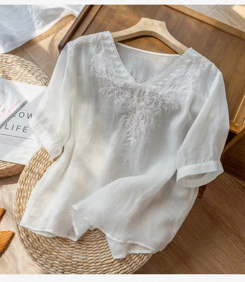 Women's V-Neck Blouse | Elegant Embroidered Tunic Slim Fit