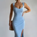 Elegant Slim Fit Dress with Slit – Sleeveless Dress with Back Tie