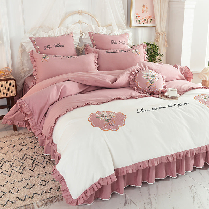 Baumwolle Bettwäsche 4-teilig | Rüschen & Stickerei Blumen Design