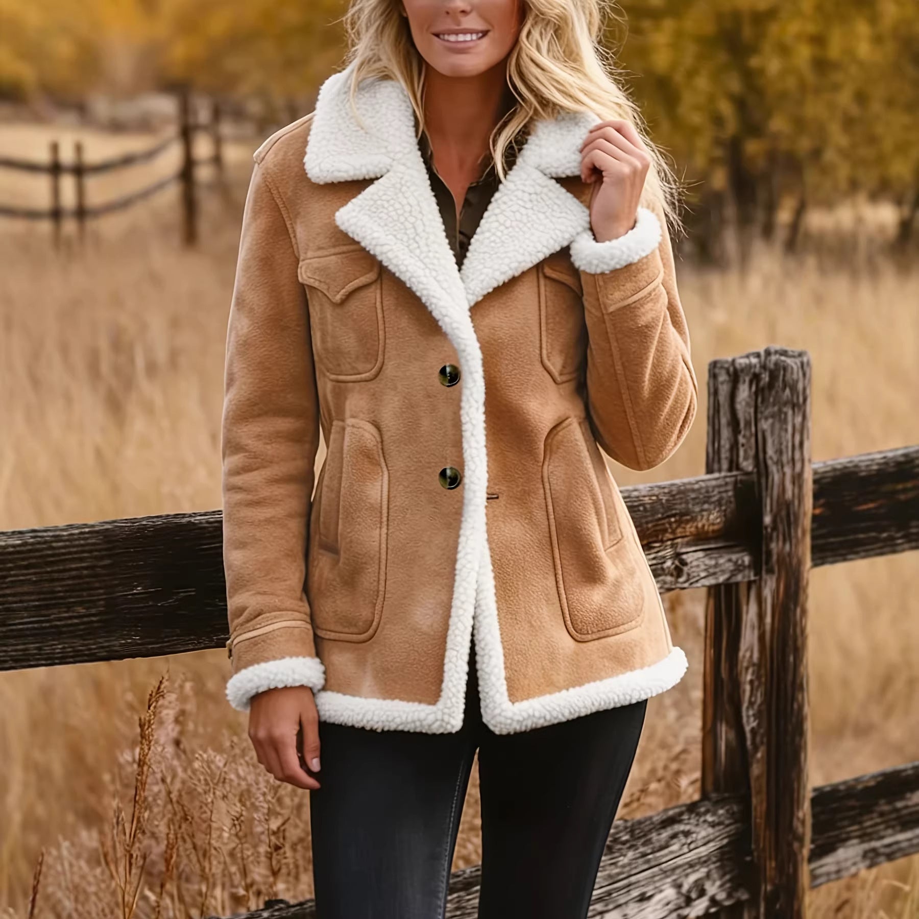 Damen Retro Fellmantel mit Taschen – Herbst & Winter Elegant