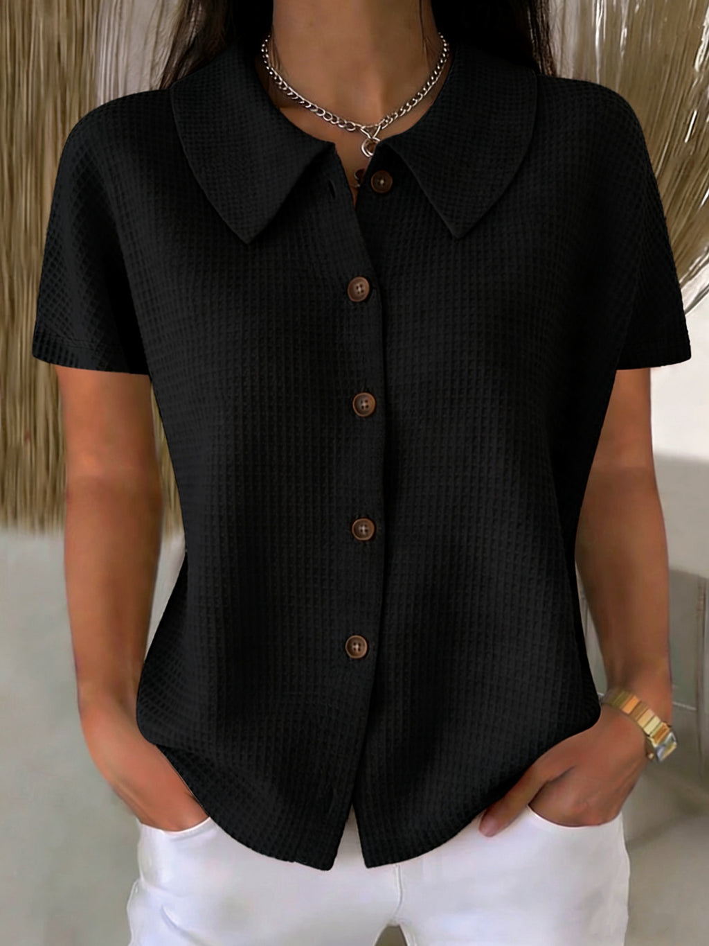 Women's Short-Sleeve Blouse with Collar – Waffle Texture, Loose & Summery