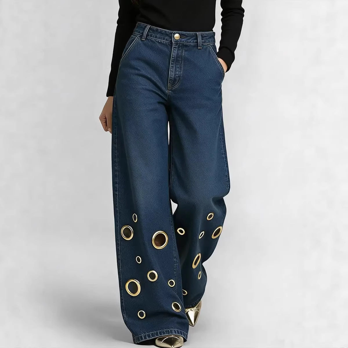 Women's High Waisted Loose Fit Jeans with Cut-Outs & Metal Eyelets