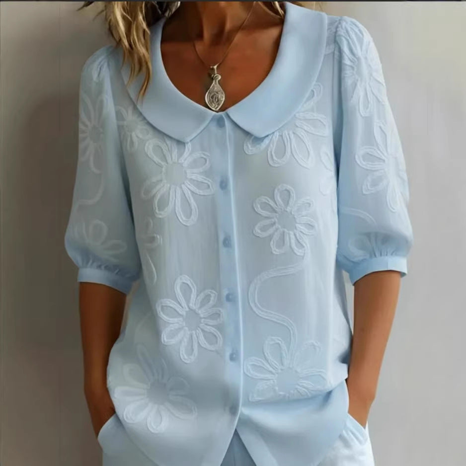 Retro Women's Blouse with 3D Floral Embroidery – Loose, Button Placket & Elegant