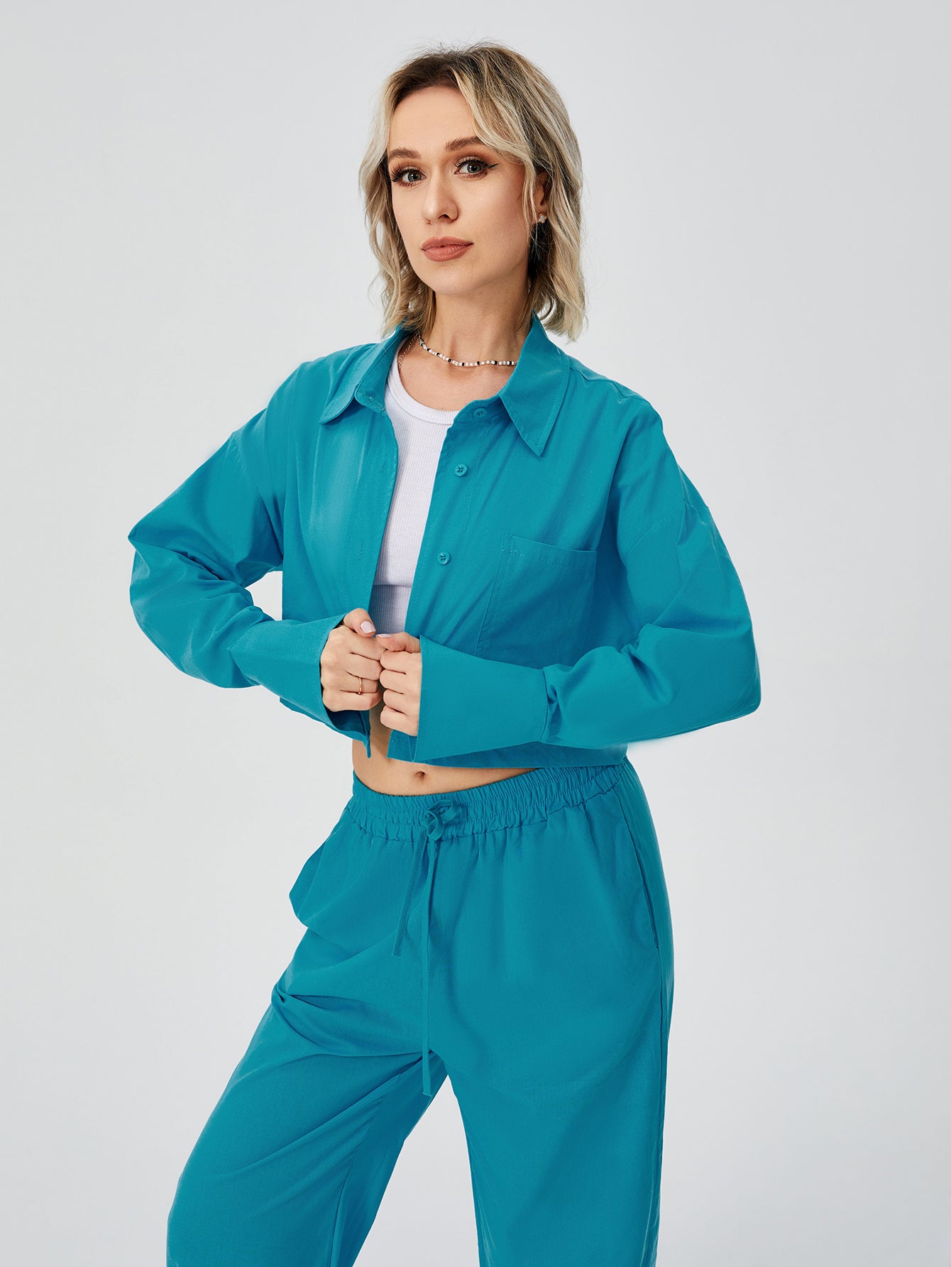 Women's Two-Piece Loungewear Set – Long-Sleeve Shirt & Wide-Leg Pants