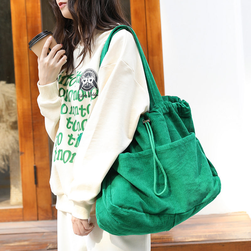 Women's Corduroy Shoulder Bag with Drawstring & Compartments