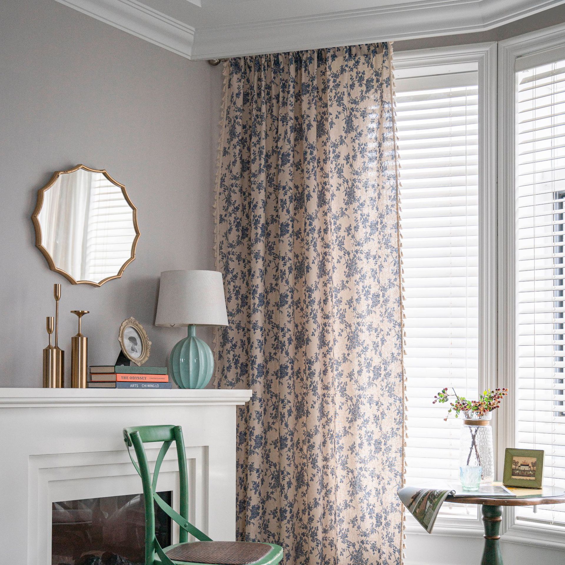 Bistro Gardine Baumwolle Leinen | beige Print Quasten Küche