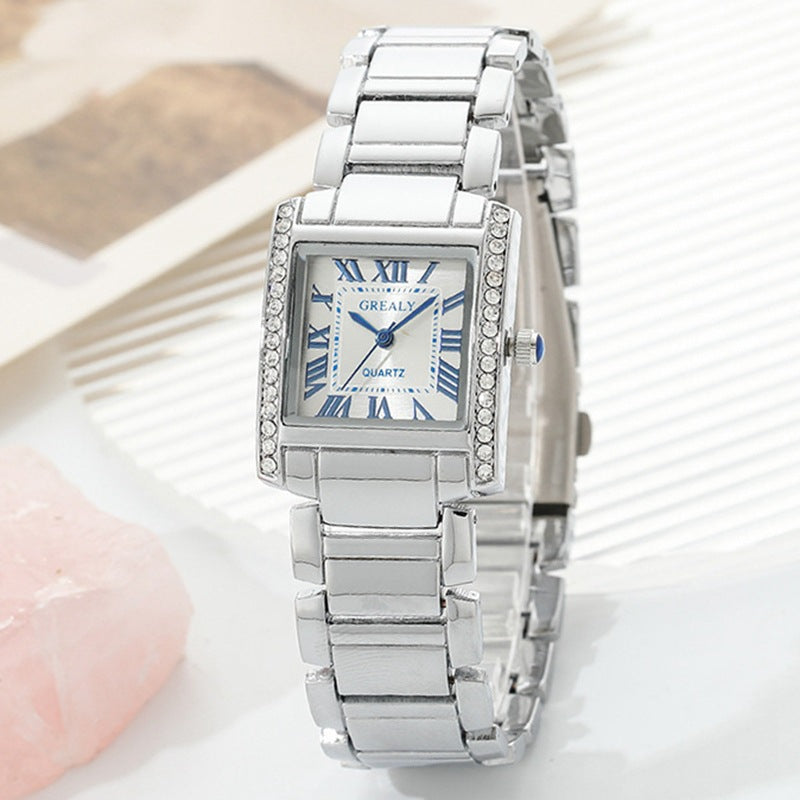 Women's Rectangular Luxury Watch – Roman Numerals & Rhinestones