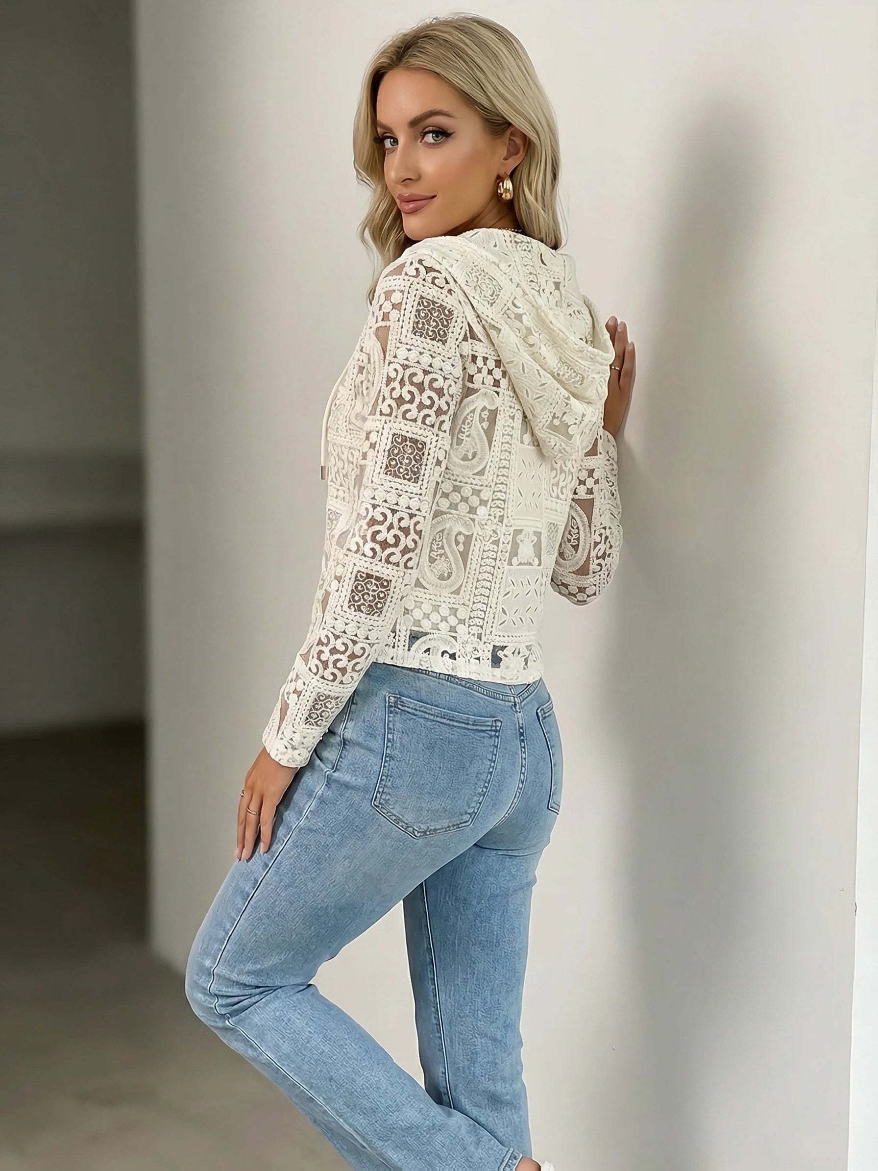 Damen Spitzen Cardigan mit Kapuze – Eleganter Hoodie Mantel