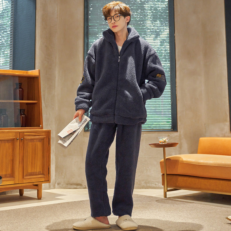 Herren Flanell Pyjama Warm | Stehkragen Reißverschluss Winter Set