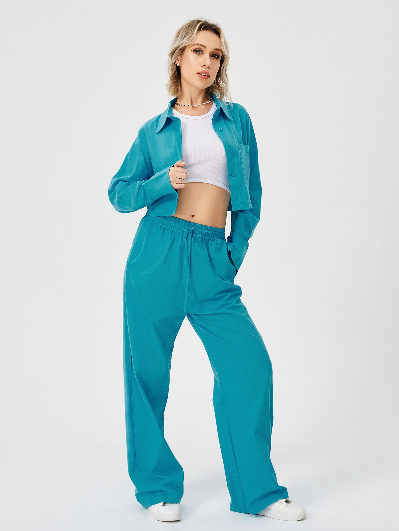 Women's Two-Piece Loungewear Set – Long-Sleeve Shirt & Wide-Leg Pants