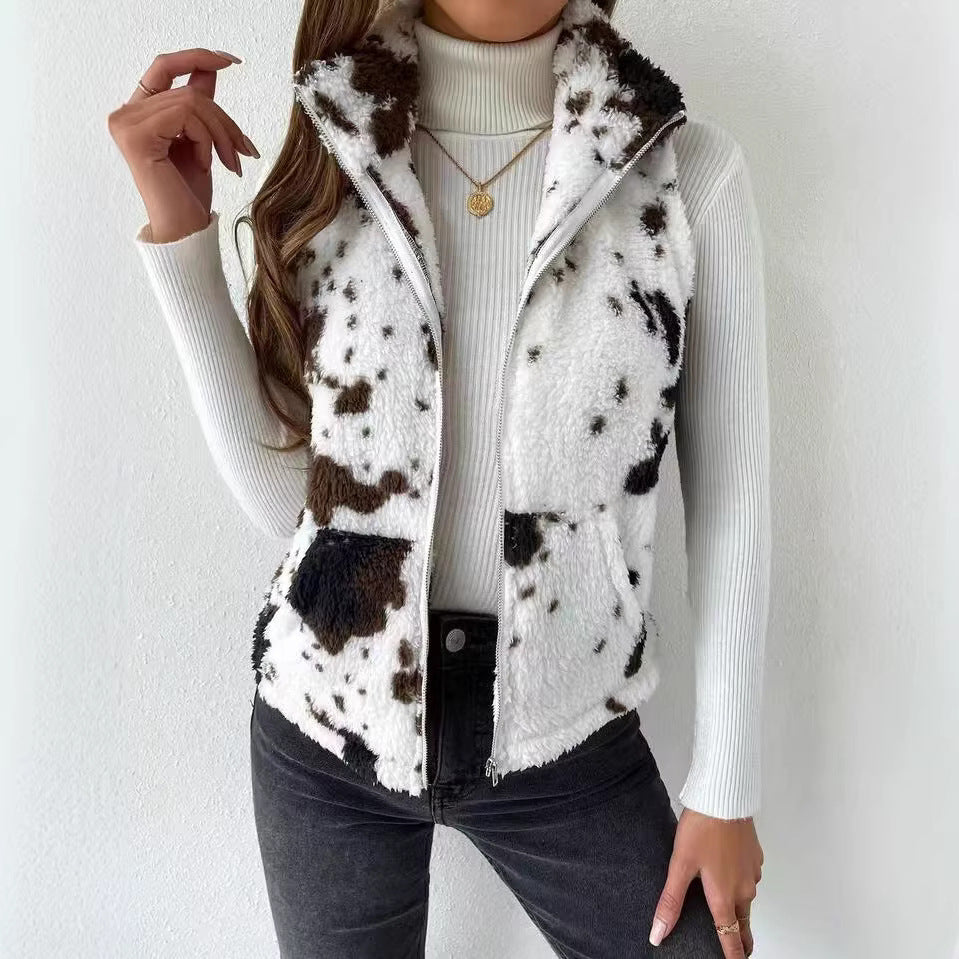 Damen Plüsch Cardigan mit Print – Beidseitig Tragbar, Reißverschluss & Warm