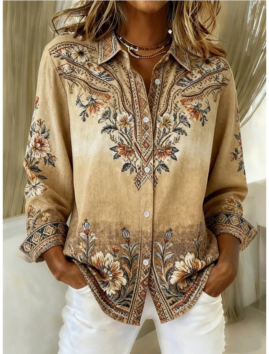 Relaxed Women's Blouse with Lapel Collar and Print – Long Sleeve & Stylish