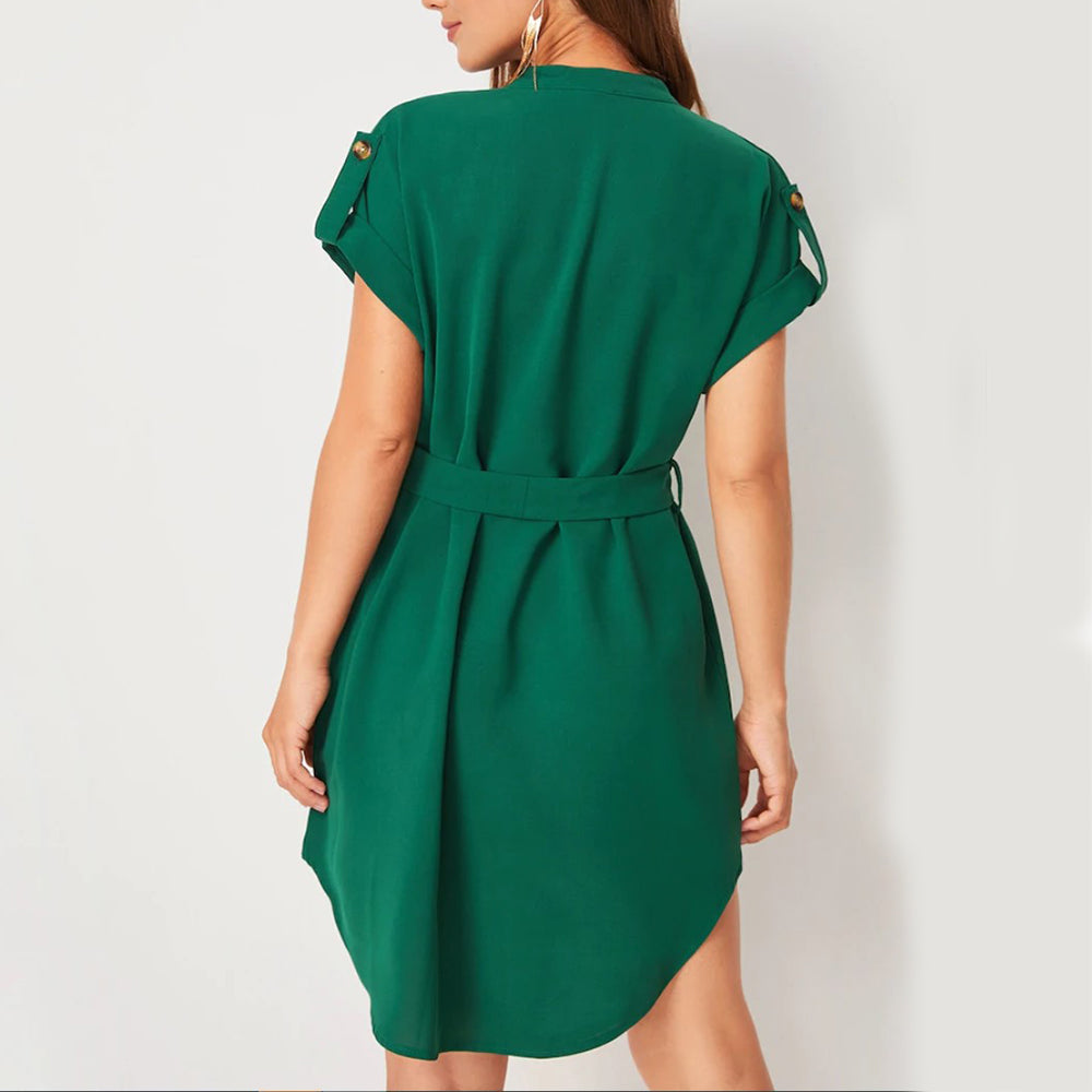 Summer V-neck Dress – Fitted Short-Sleeve Dress with Tie