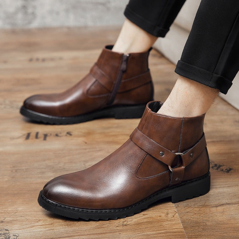 Men's Pointed Toe High Top Leather Boots with Zipper – British Style Ankle Boots Large Sizes