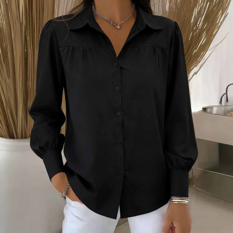 Women's Blouse with Lantern Sleeves – Solid Color, Loose & Elegant