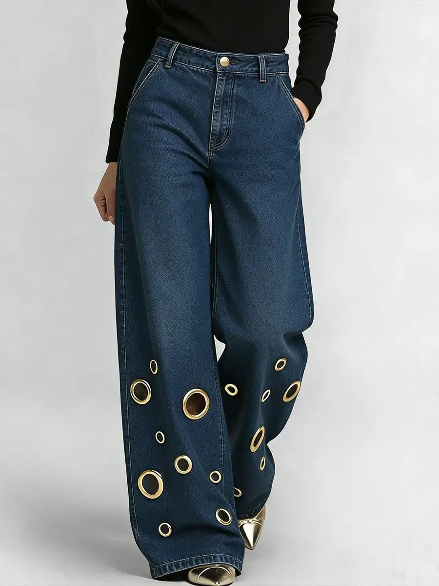 Women's High Waisted Loose Fit Jeans with Cut-Outs & Metal Eyelets