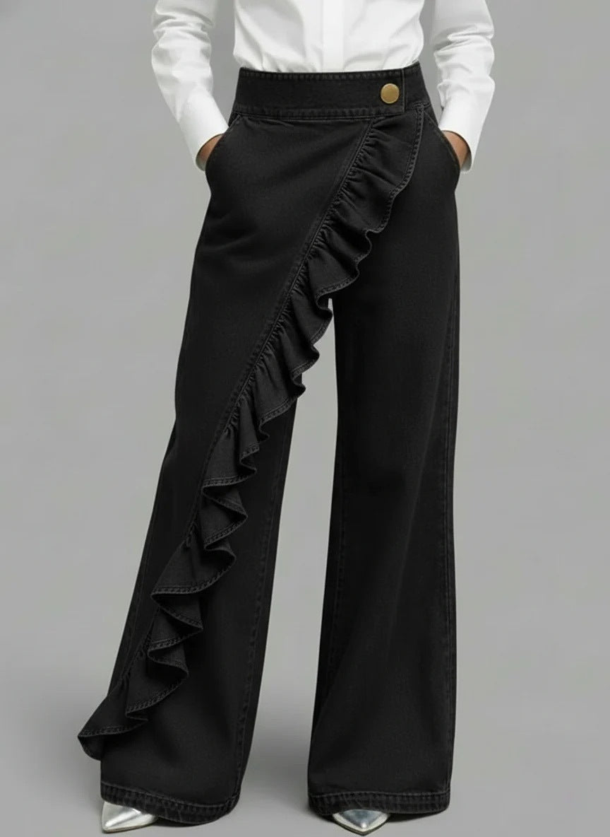 Women's Retro High Waist A-Line Jeans – Irregular Denim Trousers