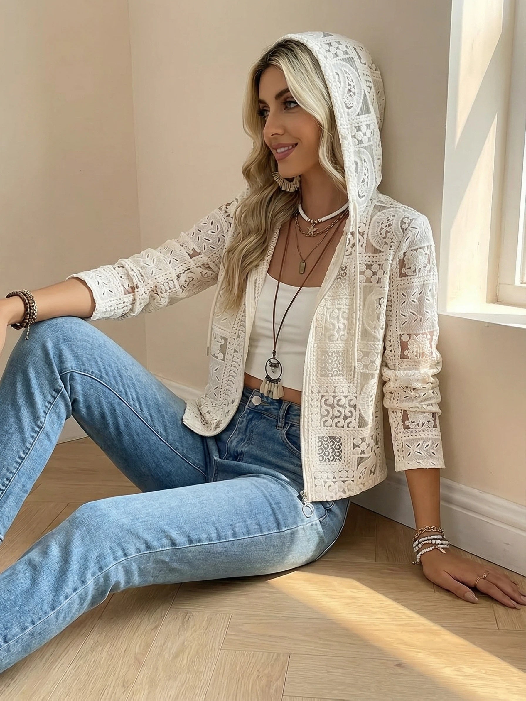 Damen Spitzen Cardigan mit Kapuze – Eleganter Hoodie Mantel