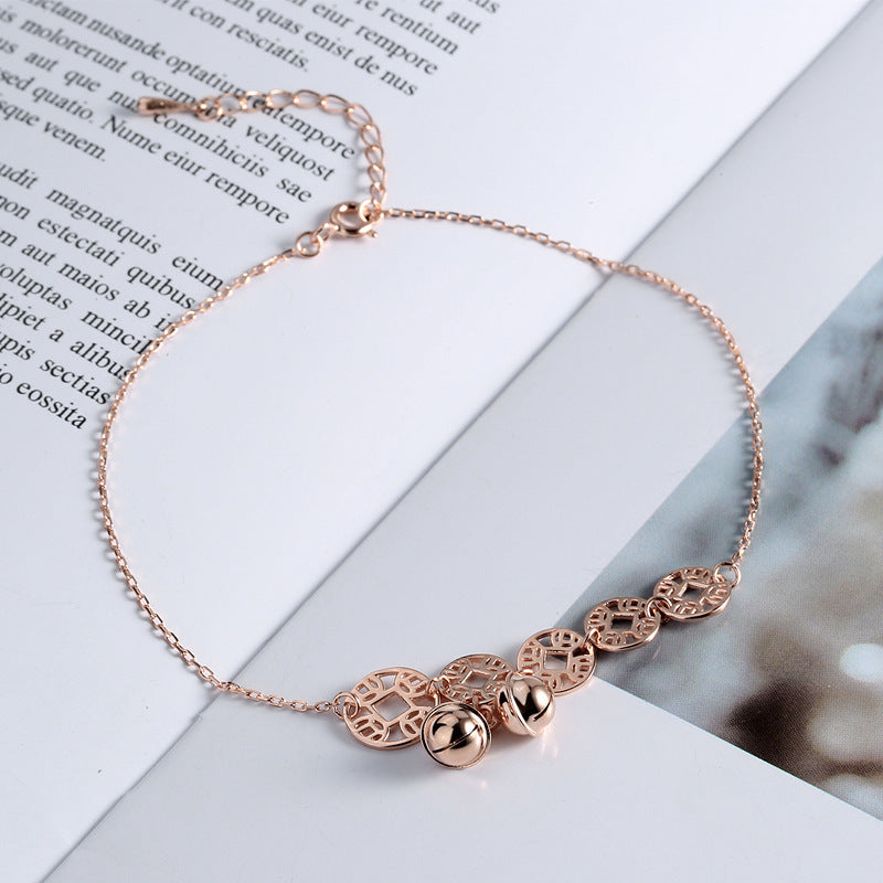 Roségold Boho Fußkettchen mit Glöckchen & Münzanhängern – Elegant