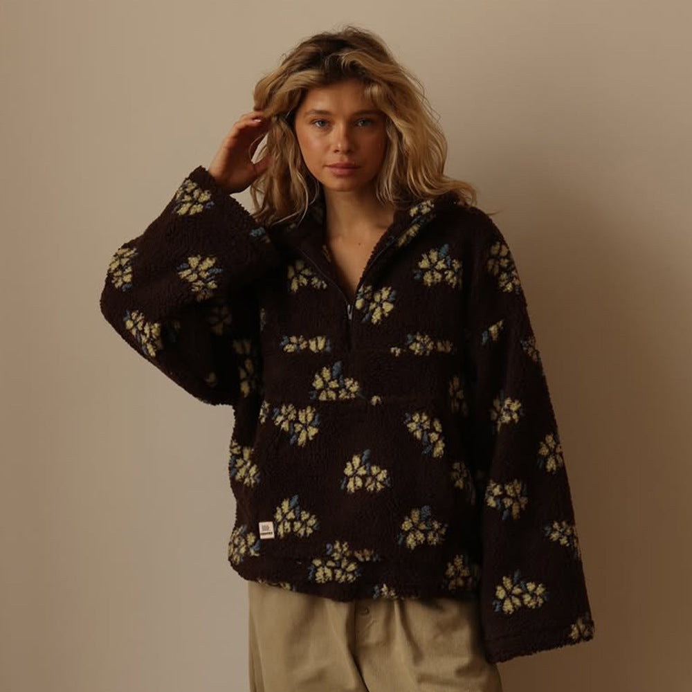 Women's Floral Fleece Pullover | Warm Oversized Look
