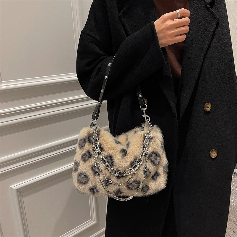 Plush Shoulder Bag Women Winter Floral Handbag Elegant